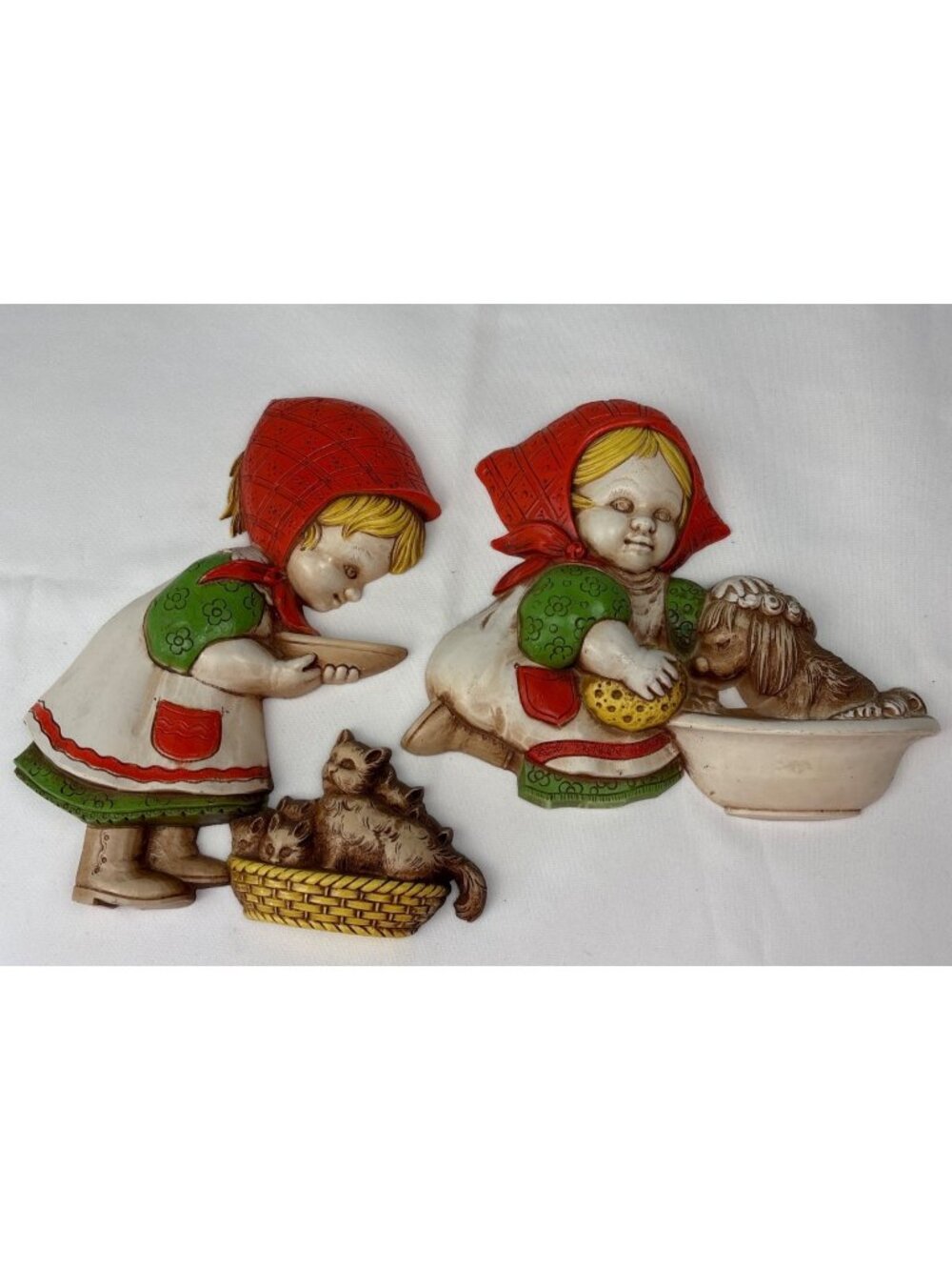 Homco 1970s Girls & Pets Wall Art Plaques Resin Vtg Whimsical USA